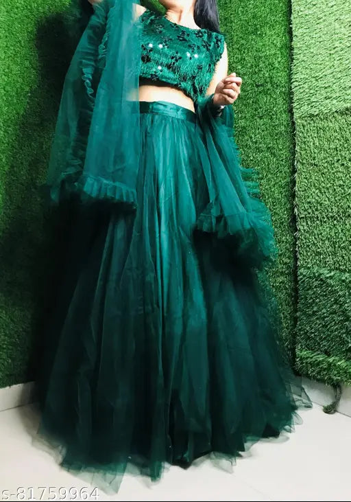Green mehendi lehenga set, semi-stitched with acrylic topwear, net bottomwear, and dupatta. Features scenic print on dupatta, ruffle details, and new yellow color option for women and girls. Ideal for weddings, festivals, haldi, and mehndi functions in India