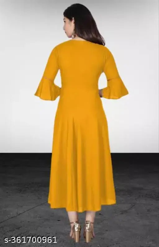 Mustard rayon Anarkali kurti with gown flare and three-quarter sleeves, stylish for casual or formal occasions