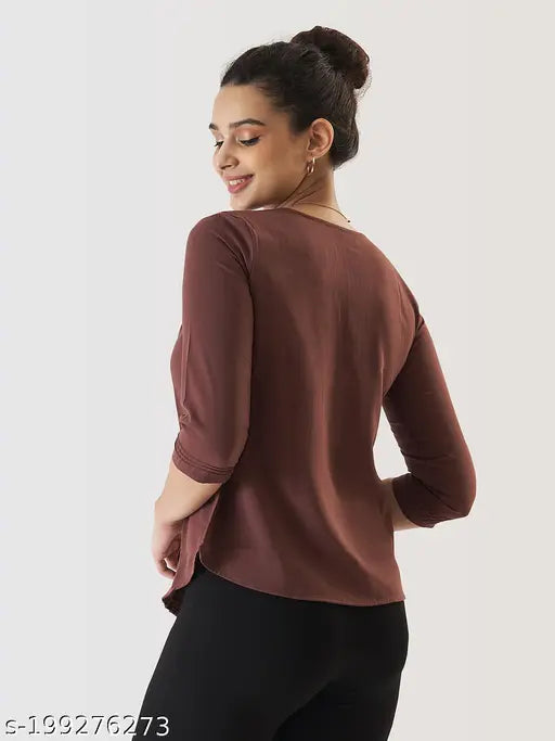 Brown cotton blend women's solid top with three-quarter sleeves, elegant crew neckline style from Prettify fashion brand in India