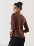 Brown cotton blend women's solid top with three-quarter sleeves, elegant crew neckline style from Prettify fashion brand in India