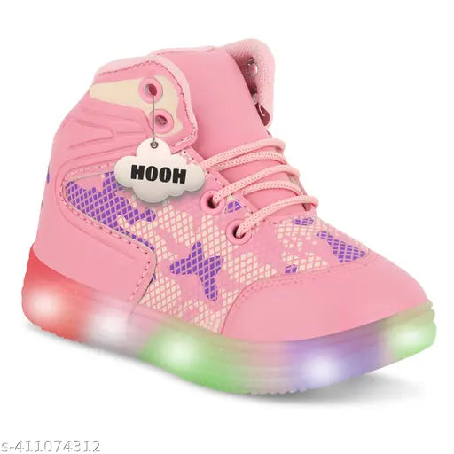 Pink synthetic leather kids sneakers with waterproof, lightweight LED lighting for partywear and daily wear, suitable for boys aged 9-12 years. Lace-up design, memory foam insole