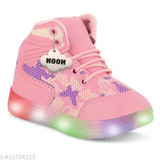Pink synthetic leather kids sneakers with waterproof, lightweight LED lighting for partywear and daily wear, suitable for boys aged 9-12 years. Lace-up design, memory foam insole