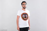 White cotton blend Jagannath face t-shirt for Rath Yatra, printed net design, regular fit