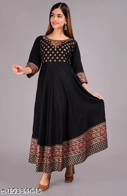 Designer rayon anarkali printed kurti with three-quarter sleeves, vibrant Indian ethnic wear on hanger