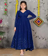 Silk embroidered maxi Anarkali gown & dupatta for girls aged 5-12, intricate Indian design