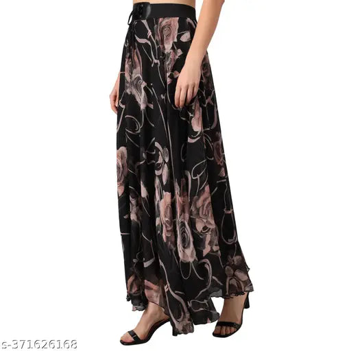 Black Georgette skirt with brown flower print, RC NEOEN long skirt for women size 28, 30, 32, 34