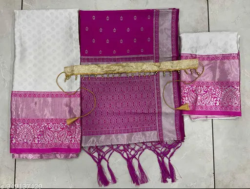 Unstitched South Indian Art Silk Half Saree, Litchi Silk with Zari work and tussles, ready for shipment