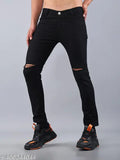 Black stretchable mid-rise denim jeans for men - solid knee cut design, perfect fit for sizes 28, 30, and 32