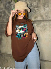 Trendy cotton blend printed oversized t-shirt for women and girls, featuring fun designs on short sleeves