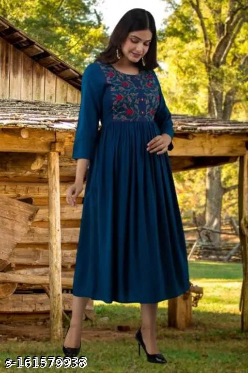 Rayon floral embroidered anarkali kurti, stylish three-quarter sleeve women's fashion from India