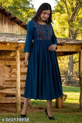 Rayon floral embroidered anarkali kurti, stylish three-quarter sleeve women's fashion from India