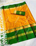 Golden green traditional cotton silk saree with intricate embroidery and vibrant patterns, perfect for festivals or weddings