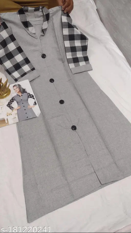 Gray cotton designer kurti M size, three-quarter sleeves, solid pattern. Beautiful, affordable Indian-made kurta for women