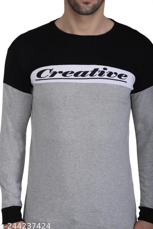 Round neck cotton blend T-shirt, long sleeves, printed pattern, comfortable and trendy men's t-shirt, made in India