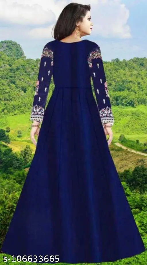 Blue taffeta silk embroidered net petite women's gown by Charvi, long sleeves, multiple sizes available