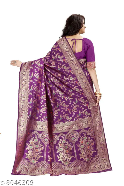 Trendy Banarasi art silk saree, soft silk blend with zari woven pattern, Indian-made women's saree on mannequin