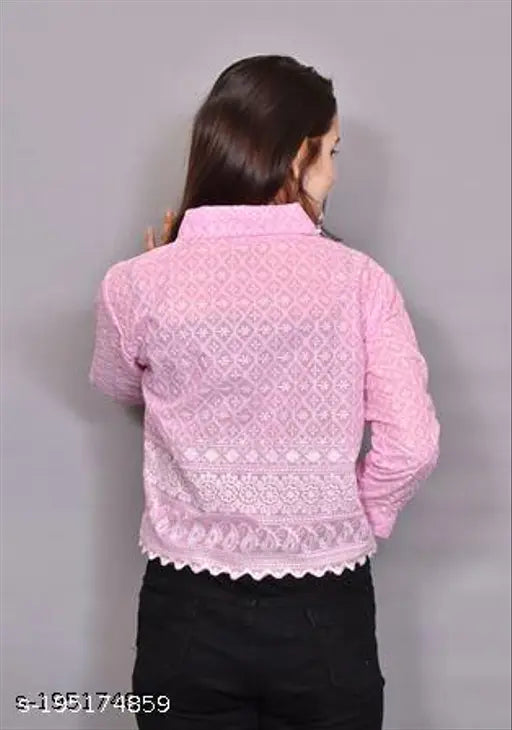 Pink Embroidered Chikankari Cotton Shirt Jacket for Women - Indian craftsmanship, traditional Chikankari embroidery on nylon fabric, breathable cotton, three-quarter sleeves, versatile two-piece set