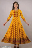 Yellow rayon three-quarter sleeve Anarkali kurti, women's printed combo, single size S (Bust: 36in, Length: 49in), Indian handcrafted quality
