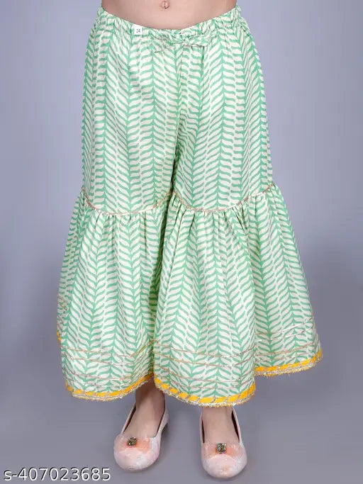 Green cotton floral print Anarkali/Flared Kurta Sharara Dupatta set for girls, soft fabric, casual wear, 90% cotton + 10% polyester. Multiple sizes available (4-5yrs, 5-6yrs, 3-4yrs, etc.), origin India