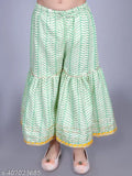 Green cotton floral print Anarkali/Flared Kurta Sharara Dupatta set for girls, soft fabric, casual wear, 90% cotton + 10% polyester. Multiple sizes available (4-5yrs, 5-6yrs, 3-4yrs, etc.), origin India