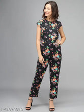 Black crepe jumpsuit with orange flower print, women's trendy fashion, Indian-made