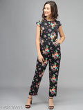 Black crepe jumpsuit with orange flower print, women's trendy floral printed outfit from India