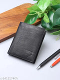 Black faux leather wallet for boys, regular size with 8 card slots, features credit, debit, and ID pockets, currency compartment, and more. Solid design, made from imported leather. Men's accessory on display