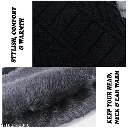 Warm wool winter beanie caps set with scarf, stretchable, snow-proof for men - Latest Fashion from India