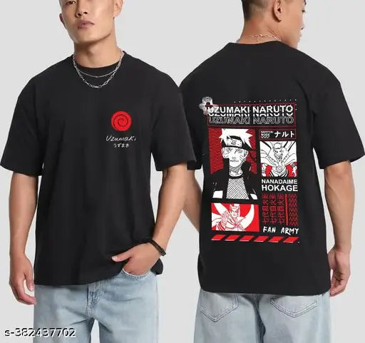 Black cotton blend oversized Naruto graphic printed men's T-shirt, perfect for anime lovers. Large size, ideal for casual or sporty wear. Made in India