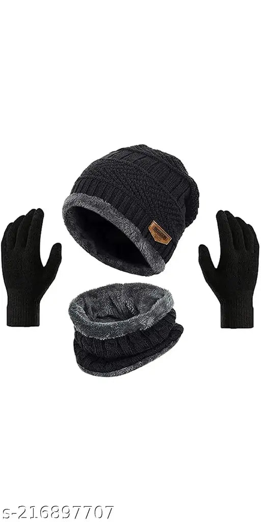 Solid wool men's & women's muffler cap and gloves set - India-made winter essentials