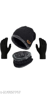 Solid wool muffler cap & gloves pack1 for men and women - India's VeKott winter essential bundle