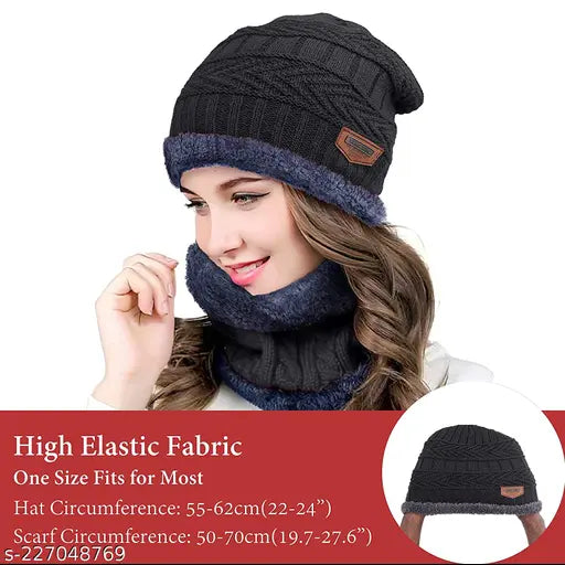 Black woolen beanie cap & scarf set, hand-knitted with fur net pattern. Cozy and warm winter accessory for men and women
