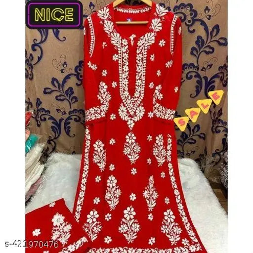 Rayon Chikankari work printed net kurta and plazzo set, three-quarter sleeves, rayon fabric