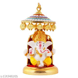 Marble & polyresin Ganesh idol statue, gold-plated umbrella chatri. Spiritual decor for cars, offices, or pooja mandirs." (97 characters)