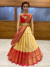 New Traditional Kids Half Saree in Litchi Silk, unstitched chevron stitch Lehenga with tussled dupatta and belt, Indian hand embroidery