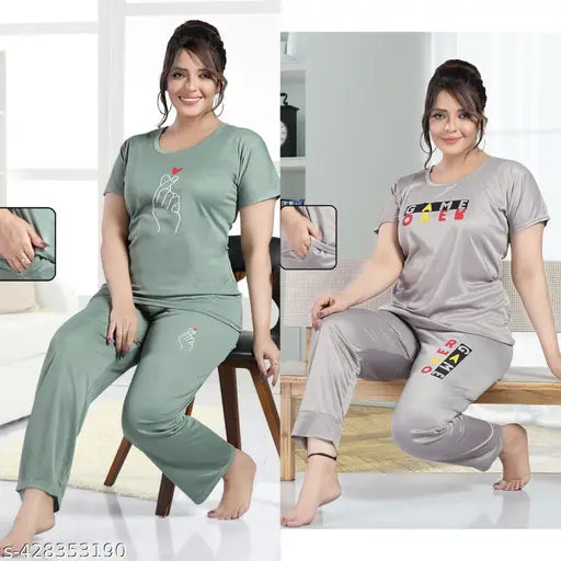 Satin screen-printed night suits set, attractive sleepwear with short sleeves and satin fabric in various sizes (M, L, XL, XXL), India origin