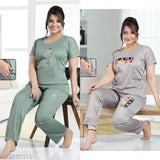 Satin screen-printed night suits set, attractive sleepwear with short sleeves and satin fabric in various sizes (M, L, XL, XXL), India origin
