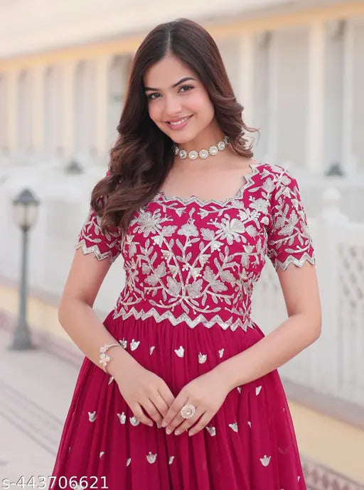New Georgette Anarkali Gown for women, short sleeves, self-design, S (36in bust, 14in shoulder). Indian handcrafted fashion for special occasions