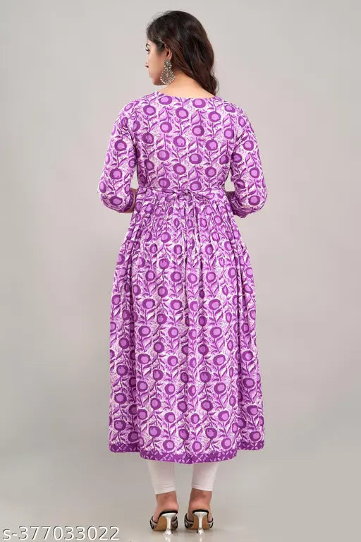 Purple Rayon Anarkali Kurta with Nayra Cut, printed pattern, suitable for daily, party, casual, and office wear. Available in S, M, L, XL, XXL, 3XL sizes. Comfortable rayon-cotton fabric, made in India