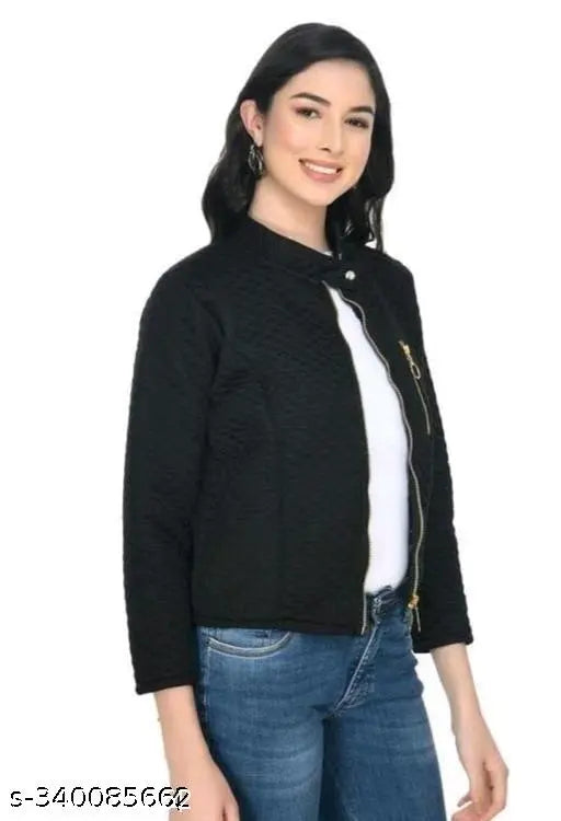 Black leather jacket for women, solid pattern, perfect for girls' fashion, available in sizes S-XL. Made from cotton blend for comfort and style, originating from India