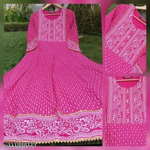 Rayon Anarkali Kurtis with Rani Festival printed pattern and three-quarter sleeves, available in various sizes (S-4XL). Indian-origin fashion for women