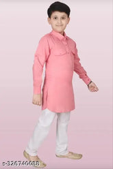 Kids Indian ethnic kurta Pathani suit for boys in cotton, long sleeves, solid pattern. Boys wearing traditional Indian attire on display stand