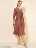 Brown crepe silk embellished empire kurta for women, single solid-color design, three-quarter sleeves. Indian traditional wear on mannequin