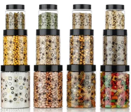 Black premium printed design kitchen containers set - 1200ML, 650ML, 350ML, airtight with spoon (pack of 12) for grocery storage
