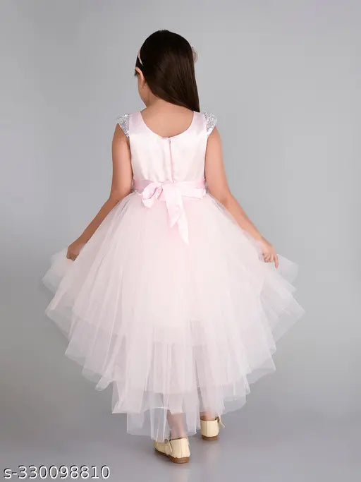 Pink layered hi-low girls party dress, sleeveless net fabric, 1-2 years size