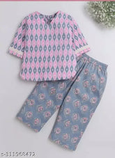 Pure cotton floral print coord set for girls, three-quarter sleeves, lace accents. Perfect for 4-5, 7-8, or 9-10 years