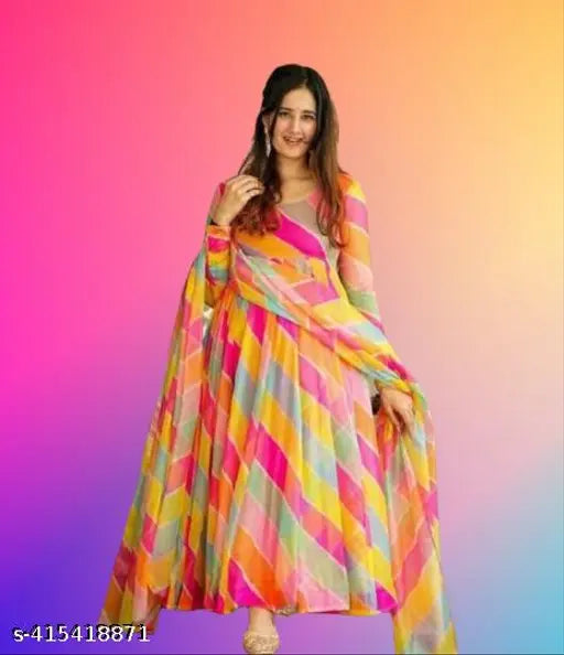 Floral georgette Anarkali long sleeve kurta with dupatta set for parties, ideal for girls and women