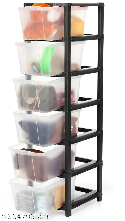 Transparent black plastic drawer organizer system for home, office, school, hospital, parlor, kitchen, bedroom, bathroom. Six large boxes ideal for stationery or makeup storage