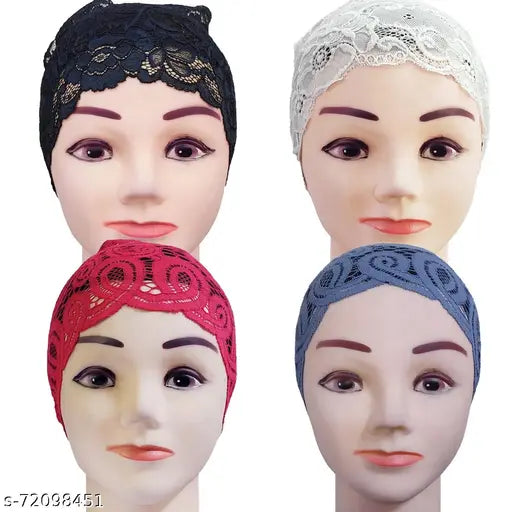 Red Hejabiya lace embroidered nylon net underscarf cap set (Black, White, Red, Grey) for versatile hijab or scarf wear, keeps hair away from face
