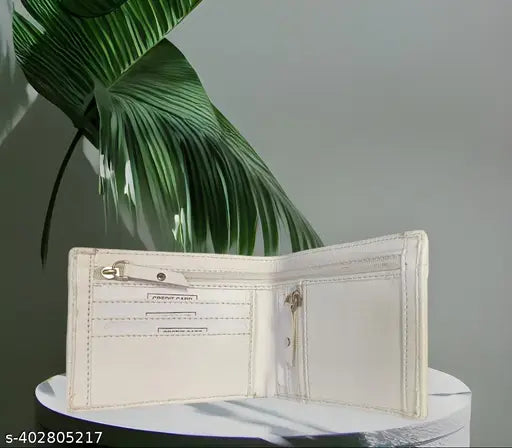Trendy men's white faux leather bifold wallet with card and money organizer, fashionable design, features 4 card slots, chain pocket, flip ID, secret slots, currency compartments. Solid white, free size (11cm x 9cm). Made in India